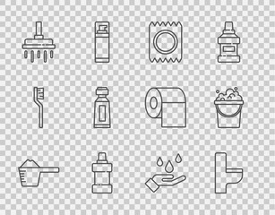 Set line Washing powder, Toilet bowl, Condom package safe sex, Bottle for cleaning agent, Shower head, Tube of toothpaste, hands with soap and Bucket suds icon. Vector