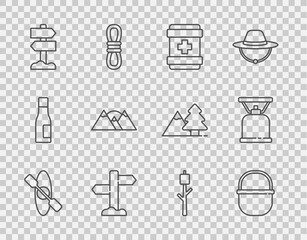 Set line Kayak or canoe, Camping pot, First aid kit, Road traffic signpost, Mountains, Marshmallow on stick and gas stove icon. Vector