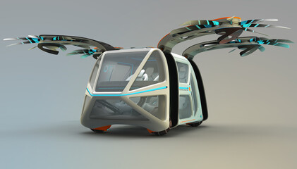 Transport of the future. Car flying above the ground, against a foggy horizon, the concept of a flying car Possible. Individual design. Designed for multiple passengers. 3D illustration.