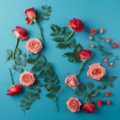 Rose Flowers Composition On Blue Background Illustration