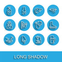 Fototapeta premium Set line Insomnia, Runny nose, Liquid antibacterial soap, Microscope, Abdominal bloating, IV bag, Flat foot and Stethoscope icon. Vector