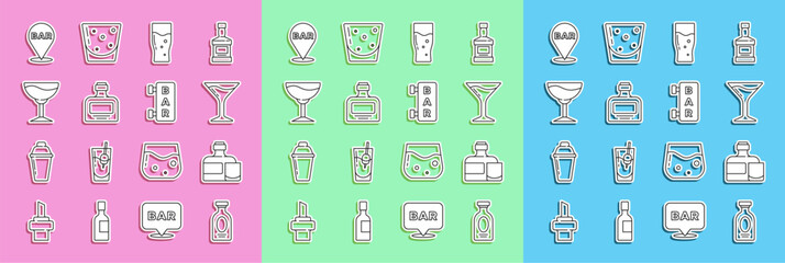 Fototapeta na wymiar Set line Alcohol drink Rum, Whiskey bottle and glass, Martini, Glass of beer, Wine, bar location and Street signboard with Bar icon. Vector