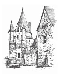 Travel sketch of a medieval castle, The Chateau de Vitre, in the Ille-et-Vilaine département of France. Hand drawn postcard. Urban sketch in black color isolated on white background. Line art drawing.