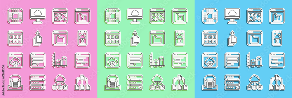 Aufkleber set line folder tree, software, cloud technology data transfer, different files, data export, browse