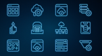 Set line Filter setting, Server, Data, Web Hosting, Cloud technology data transfer, Hangar with servers, export, Browser files, Computer network and icon. Vector