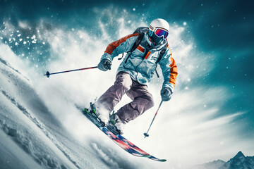 Adrenaline rush - Skier jumping and skiing down the mountain in extreme winter sports. created with Generative AI - obrazy, fototapety, plakaty