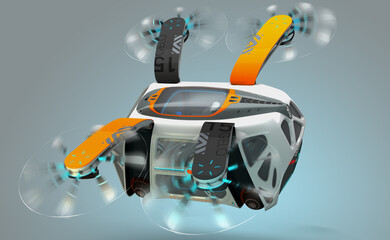 Transport of the future. Car flying above the ground, against a foggy horizon, the concept of a flying car Possible. Individual design. Designed for multiple passengers. 3D illustration.