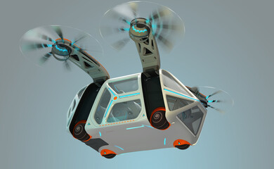 Transport of the future. Car flying above the ground, against a foggy horizon, the concept of a flying car Possible. Individual design. Designed for multiple passengers. 3D illustration.