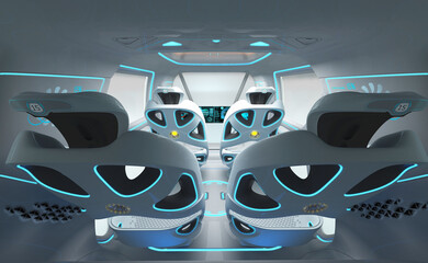 3D illustration of the cabin interior of an autonomous electric car. Advanced automotive design technology