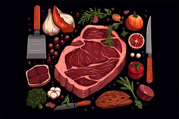 large quality beef steak with perfect fat cover on the table between kitchen tools and vegetables. generative ai technology