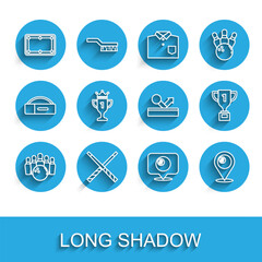 Fototapeta premium Set line Bowling pin and ball, Crossed billiard cues, Billiard table, Location with, Award cup, and icon. Vector