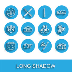 Set line Billiard chalk, Bowling ball, cue and, pin, Case for billiard, and icon. Vector