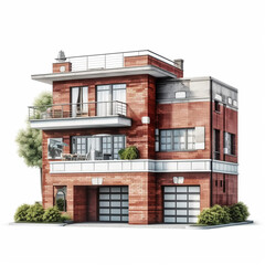 Fototapeta premium The facade of brick house with a balcony and garage. Two-story building on a white background 1