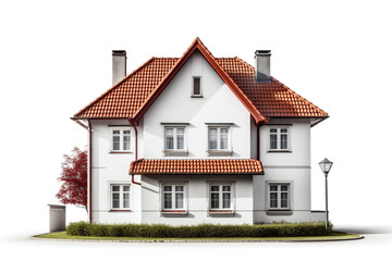 A small three dimensional house with red roof on a white background with 1 chimney