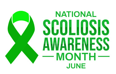 June is national scoliosis awareness month with green ribbon and typography on the side