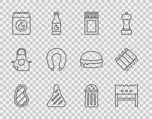 Set line Steak meat, BBQ brazier, Matchbox and matches, Barbecue coal bag, Sausage, Salt and Grilled pork bbq ribs icon. Vector