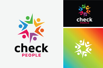 Colorful check mark logo design for human culture gathering club social, people together community teamwork	
