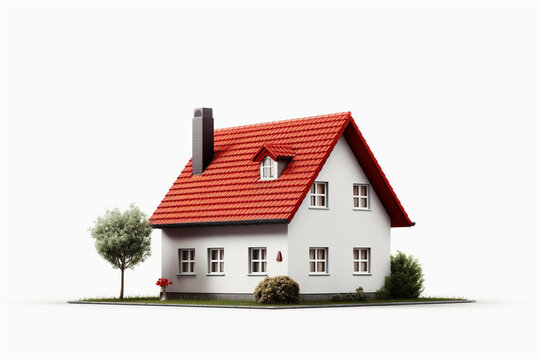 A small three dimensional house with red roof on a white background