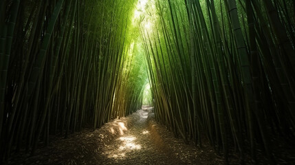 Fototapeta premium A Dense Tall Bamboo Forest Single Light Source In The Distance AI Generative