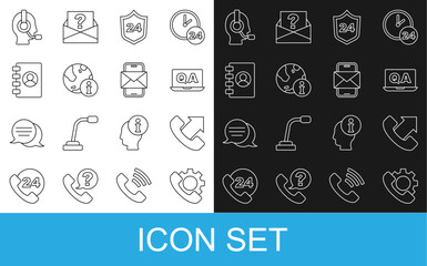 Set line Telephone 24 hours support, Question and Answer, Information, Address book, Man with headset and Mobile envelope icon. Vector