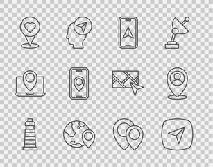 Set line Lighthouse, Infographic of city map navigation, City, Location the globe, with heart, and person icon. Vector