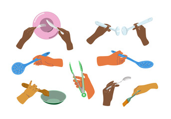 People hands cooking and eating close up vector illustrations set. Palms using kitchen ware such as fork and knife, spoons, tongs, spatula and skimmer flat style drawings collection Isolated