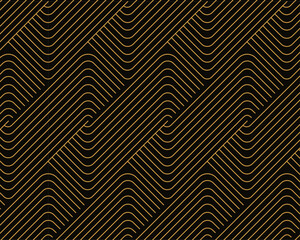 Seamless pattern with geometric lines. Abstract geometric vector background with golden lines on a black background