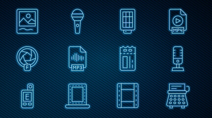 Set line Retro typewriter, Microphone, Softbox light, MP3 file document, Camera shutter, Photo frame, Cinema ticket and icon. Vector