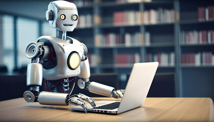 Training of ai robots. Robot sits at a table with laptop in a library. Generative ai