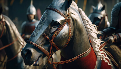 Fototapeta na wymiar Medieval knight on a horse. Generative ai