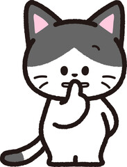 静かにするよう促す黒いハチワレ猫