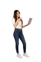 Woman pointing laptop, full body studio shot of beautiful woman pointing laptop. Standing lady,...