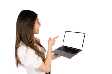 Woman pointing empty laptop screen, over shoulder portrait of caucasian woman pointing empty laptop screen. Modern notebook mockup. Isolated transparent png. Recommending new website concept idea.