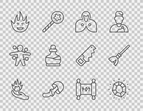 Set line Hand holding a fire, Magic stone, Mantle, cloak, cape, Psilocybin mushroom, Fire flame, Bottle with potion, scroll and Witches broom icon. Vector