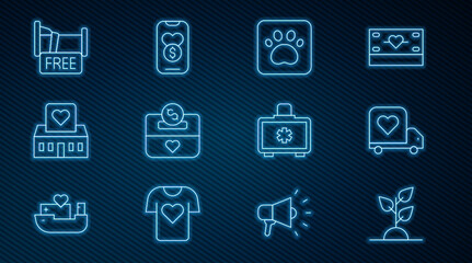 Set line Volunteer team planting trees, Delivery truck with heart, Paw print, Donation and charity, center, Free overnight stay house, First aid kit and icon. Vector