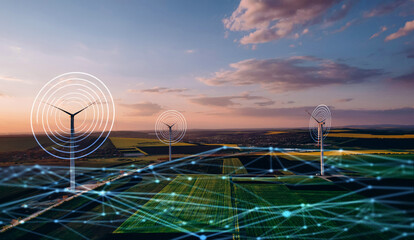 Green energy power production.Process of rotating wind energy graphically.Virtual data technology.