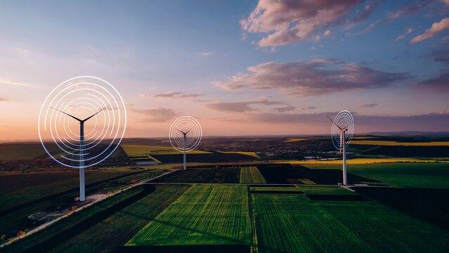 Green energy power production it is future. Windmill and graphic diagram of air currents that produce green energy. 