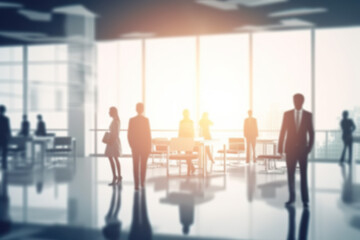 Corporate Visionaries: Blurred Business People in a Modern White Glass Office. created with Generative AI