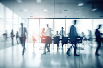 Corporate Visionaries: Blurred Business People in a Modern White Glass Office. created with Generative AI