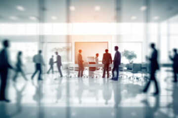 Corporate Visionaries: Blurred Business People in a Modern White Glass Office. created with Generative AI