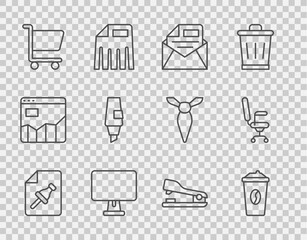 Set line Note paper with push button, Coffee cup go, Mail and e-mail, Computer monitor, Shopping cart, Marker pen, Stapler and Office chair icon. Vector
