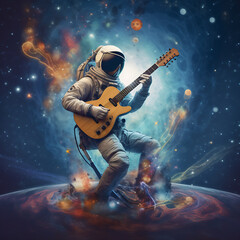 Astronaut playing guitar in the middle of the cosmos. Generative Ai.