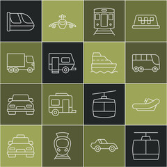 Set line Cable car, Rafting boat, Bus, Train and railway, Rv Camping trailer, Delivery cargo truck, and Cruise ship icon. Vector