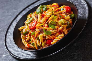 pasta salad with ground beef and veggies in bowl