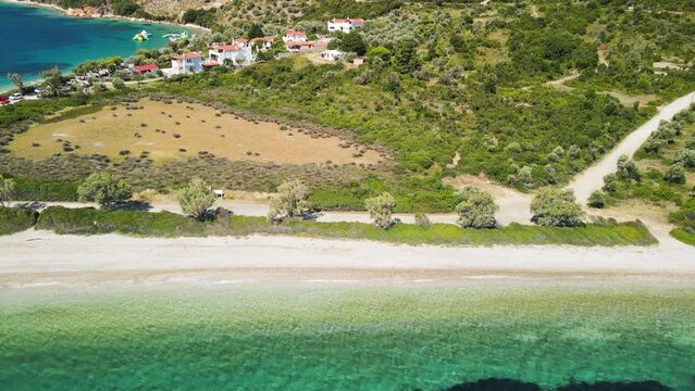 Drone Clip Showing Shoreline And Beach At Agios Dimitrios In Greece, A National Marine Reserve