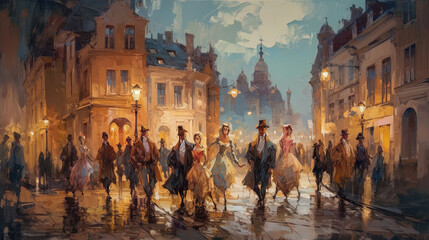 Obraz premium Contemporary Dancers in A Victorian Cityscape on Canvas Oil Painting AI Generative