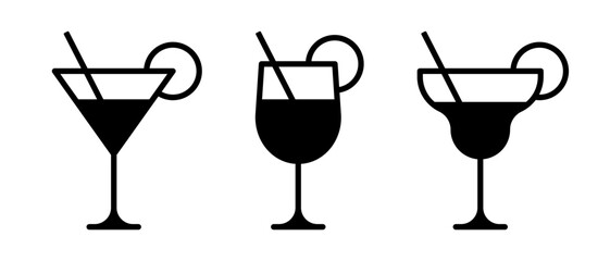 Cocktail vector icon set. Drink glasses symbol. Wine, martini, margarita logo