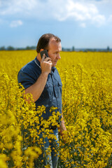 Agronomist man inspects rapeseed crops. Increasing yields and organic food production. Application of new technologies in agriculture.