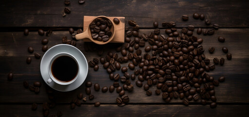 Top view of cup of coffee and coffee beans on a wooden table, dark palette, dark brown and black, generative ai