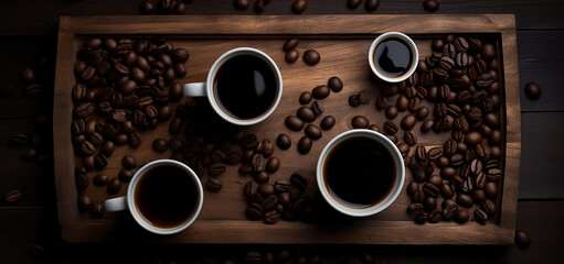 Top view of cup of coffee and coffee beans on a wooden table, dark palette, dark brown and black, generative ai